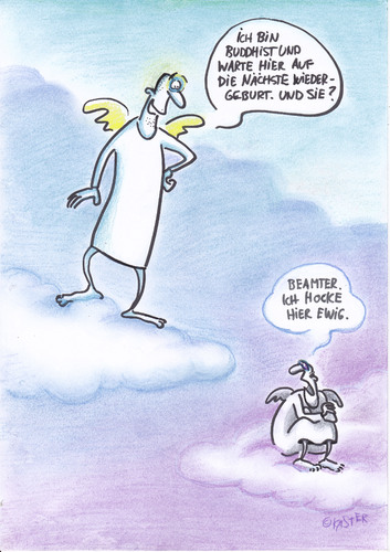Cartoon: für die ewigkeit (medium) by Petra Kaster tagged himmel,engel,beamte,jenseits,bürokratie,religionen,wiedergeburt,himmel,engel,beamte,jenseits,bürokratie,religionen,wiedergeburt