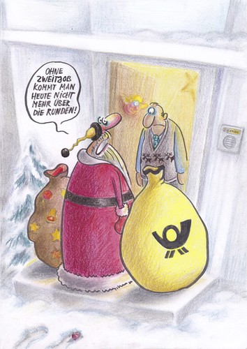 Cartoon: kalte zeiten (medium) by Petra Kaster tagged karriere,arbeitsmarkt,weihnachtsmann,post,weihnachten,niedriglohn,mindestlohn,finanzkrise,wirtschaftskrise,weihnachten,post,weihnachtsmann,karriere,finanzkrise