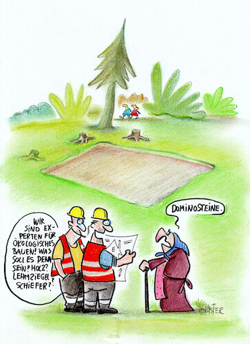 Cartoon: ökologisch bauen (medium) by Petra Kaster tagged hausbau,ökologisch,energei,dominosteine,hexe,märchen,bauwirtschaft,bauarbeiter,architekten,baumaterialien,nachhaltigkeit,hausbau,ökologisch,energei,dominosteine,hexe,märchen,bauwirtschaft,bauarbeiter,architekten,baumaterialien,nachhaltigkeit