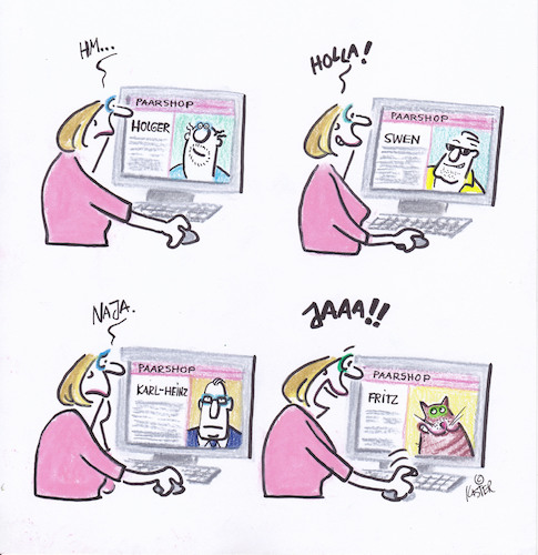 Cartoon: paarshop (medium) by Petra Kaster tagged dating,datingplatformen,internetdating,beziehung,partnersuche,männer,katzen,einsamkeit,singles,online,dating,datingplatformen,internetdating,beziehung,partnersuche,männer,katzen,einsamkeit,singles,online