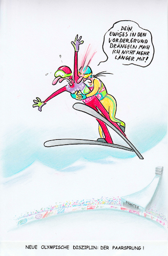 Cartoon: paarsprung (medium) by Petra Kaster tagged olympia,wintersport,sport,skispringen,wettbewerbe,bezeihung,paare,olympia,wintersport,sport,skispringen,wettbewerbe,bezeihung,paare