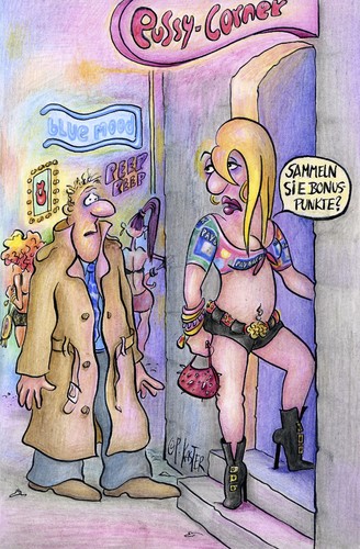 Cartoon: pussy corner (medium) by Petra Kaster tagged payback,liebe,sex,liebe,payback,prostituierte,bonus,bonus punkte,sparen,rabatt,kaufen,freier,kunde,service,punkte