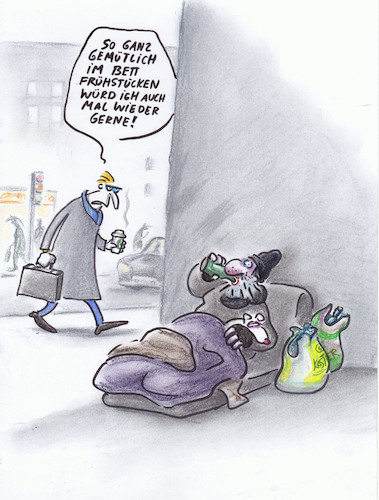 Cartoon: strassenfrühstück (medium) by Petra Kaster tagged armut,reichtum,stress,zeit,hetze,karriere,hoffnungslosigkeit,bettler,neid,armut,reichtum,stress,zeit,hetze,karriere,hoffnungslosigkeit,bettler,neid