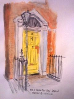 Cartoon: 8 Cavandish Row (medium) by jjjerk tagged yellow,door,cartoon,caricature,railings,lamp,red,brick,dublin,ireland