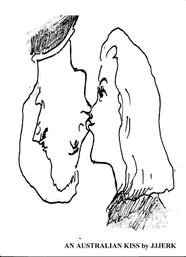 Cartoon: Australian kiss (medium) by jjjerk tagged australian,french,kiss,cartoon,boy,girl