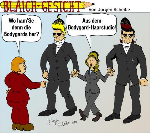 Cartoon: Blaich-Gesicht 46 (medium) by Scheibe tagged von,der,leyen,merkel,bodygard,leibwächter,haarstudio,friseur,frisur
