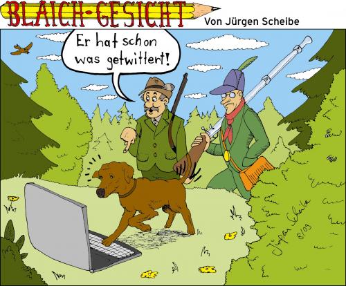 Cartoon: Blaichgesicht 75 (medium) by Scheibe tagged jäger,jagdhund,twitter,laptop,wald