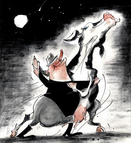 Cartoon: Moonlight tango (medium) by Hoppmann tagged bauernaufstand,bauern,milchkuh,rinderwahnsinn,tango,tanz,bauernpolitik