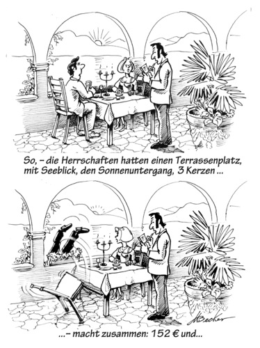 Cartoon: Sonnenterrasse (medium) by Michael Becker tagged urlaub,restaurant,meerblick,romantik,sonnenuntergang,rechnung