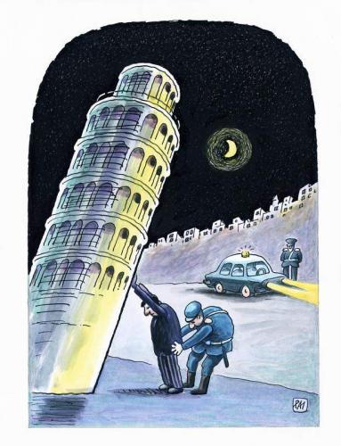 Cartoon: checking (medium) by penapai tagged pisa,tower,pisa,turm,schief,schräg,gebäude,razzia,sightseeing,italien,verbrecher,kriminalität,polizei,untersuchung