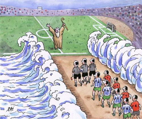 Cartoon: football 8 (medium) by penapai tagged sport,moses,testament,durchschreiten,odyssee,religion,wandern,wanderer,wasser,meer,weg,anführer,schiedsrichter,begrüßung,mannschaft