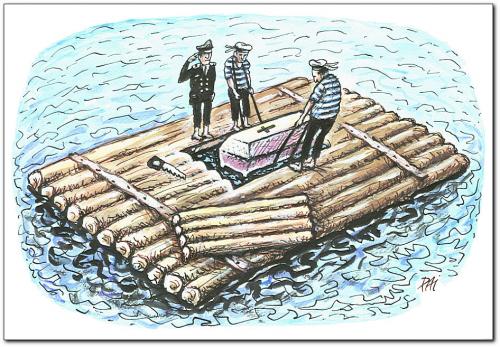 Cartoon: funeral service (medium) by penapai tagged sailors,,segler,matrose,seefahrer,seebestattung,sarg,tod,ehre,floß,see,meer,ozean,beerdigung,kapitän,service