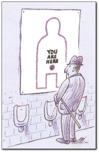 Cartoon: information (medium) by penapai tagged toilet,,toilette,bad,badezimmer waschraum,klo,wc,pinkeln,urinieren,geschäft,mann,orientierung,stadtplan,zielen,treffen