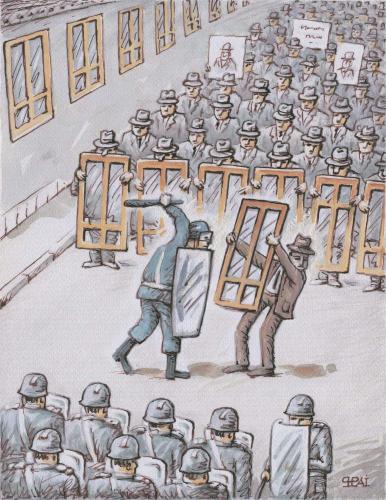Cartoon: meeting (medium) by penapai tagged police,window,demonstration,aufstand,polizei,schlagen,fenster,schutzschild,schutz