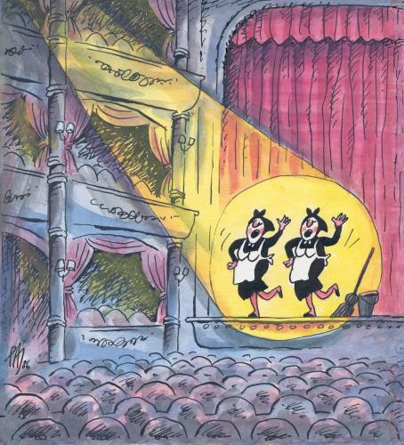 Cartoon: show (medium) by penapai tagged theater,theater,oper,musical,aufführung,auftritt,bühne,vorstellung,putzfrauen,scheinwerferlicht,rampenlicht,job,arbeit,angestellter,gelegenheit