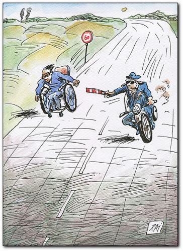 Cartoon: stop (medium) by penapai tagged police,,behinderung,rollstuhl,straße,geschwindigkeit,kontrolle,polizei,verkehr,verkehrsregeln,schnelligkeit