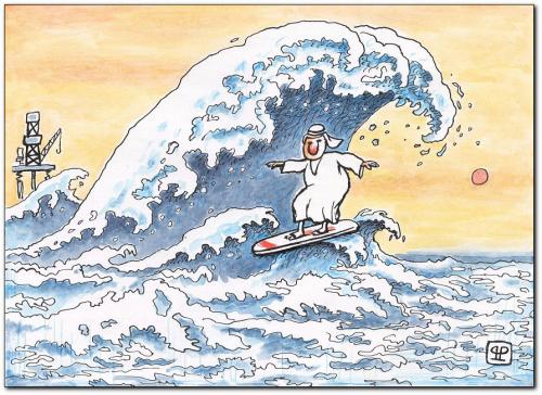Cartoon: surfing (medium) by penapai tagged waves,,welle,kanagawa,öl,scheich,benzin,bohrinsel,surfen,surfbrett,wellenreiter,reichtum,wasser,ozean,meer,see,sport