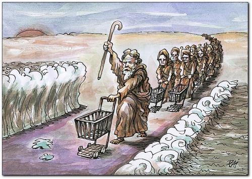 Cartoon: to shoping (medium) by penapai tagged moses,moses,religion,bibel,testament,glaube,gott,einkaufen,shopping,konsum,konsumgesellschaft,weihnachten,ware,konstument,kaufen,handel,verkauf,geschenke,geschenk,produkte,geld,wirtschaft,konjunktur