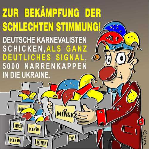 Cartoon: Narrenkappen für Kiew (medium) by eisi tagged 5000,stahlhelme,ukraine,deutsche,hilfe