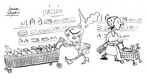 Cartoon: Lost in Supermarket (medium) by juniorlopes tagged cartoon,armut,reichtum,kapitalismus,chancengleichheit,einkommen,existenzminimum,geld,gerechtigkeit,klassengesellschaft,kluft,lebensqualität,proletariat,oberschicht,soziale gegensätze,unterschicht,hunger,hungersnot,luxus,soziale,gegensätze,gleichberechtigung,gleichrangigkeit