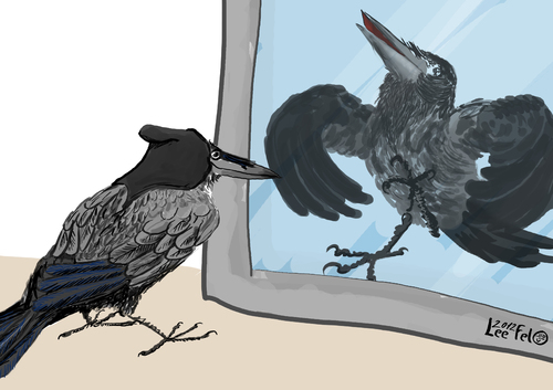 Cartoon: narcissistic crow (medium) by LeeFelo tagged mirror,crow,hooded,narcissistic,narcissism,gray,reflection