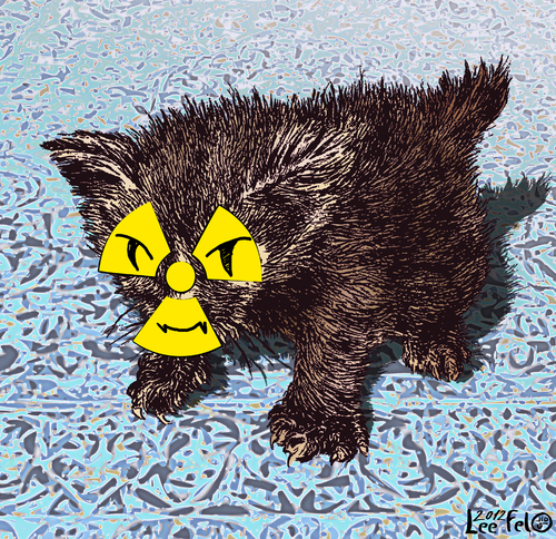 Cartoon: Persian kitten (medium) by LeeFelo tagged carpet,blue,evil,atomic,fuzzy,fur,claws,grin,brown,yellow,radioactive,nuclear,persian,cat,kitten,weapon