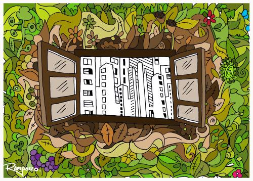 Cartoon: Concrete jungle (medium) by Marcelo Rampazzo tagged concrete,jungle,illustration,dschungel,stadt,city,wohnen,wohnung,leben,fenster,stress,ruhe,entspannung,raum,räume,wohnraum,pflanzen,natur,umwelt