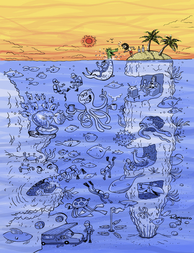 Cartoon: Crazy Scene (medium) by Marcelo Rampazzo tagged sea,dive,fish,beach,treasure,illustration,meer,wasser,ungeheuer,meere,tiere,insel