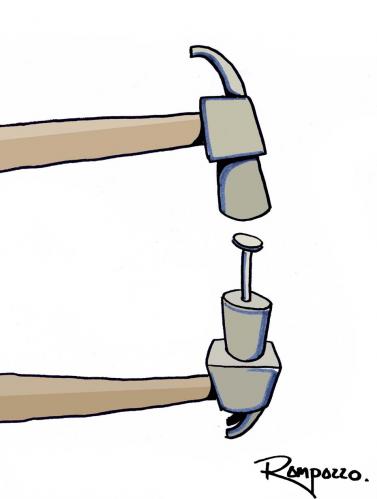 Cartoon: hammer in hammer (medium) by Marcelo Rampazzo tagged hammer,in,hammer,werkzeug,nutzlos,zweck,zwecklos,nagel,hämmern,doppelt,gegenseitig