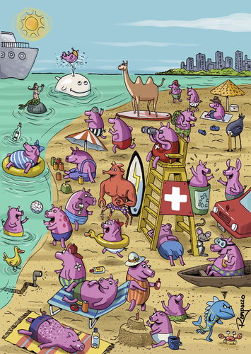 Cartoon: Pigs Beach (medium) by Marcelo Rampazzo tagged pigs,beach,sun,illustration,schweine,strand,urlaub,ferien,tiere,sau