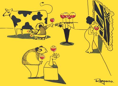 Cartoon: Wine (medium) by Marcelo Rampazzo tagged what,,gesellschaft,party,fete,kunst,museum,vernissage,kuh,melken,alkohol,wein,glas,ober,verrückt,trinken,bizarr,absonderlich