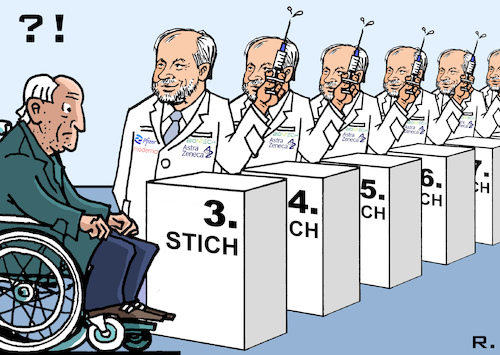 Cartoon: 3. Stich (medium) by RachelGold tagged pandemie,covid,19,corona,vaczine,gentechnik,gentherapie,booster,immunität,big,pharma,endlosschleife,pandemie,covid,19,corona,vaczine,gentechnik,gentherapie,booster,immunität,big,pharma,endlosschleife