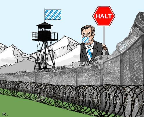 Cartoon: Bayrische Total-Blockade (medium) by RachelGold tagged bayern,tirol,grenze,blockade,söder,eiserner,vorhang,mutationsgebiet,pandemie,corona,covid19