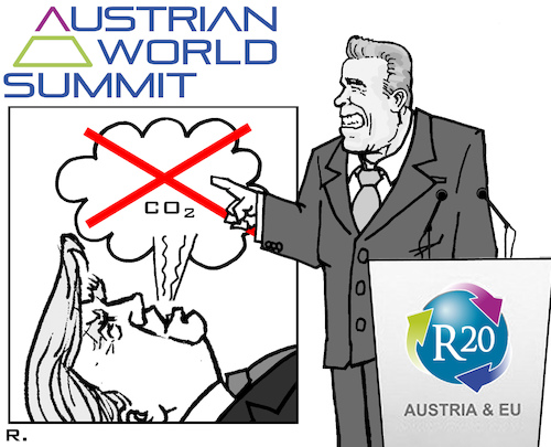 Cartoon: Climate Protection Summit (medium) by RachelGold tagged schwarzenegger,climate,summit,vienna,trump,co2,reduction