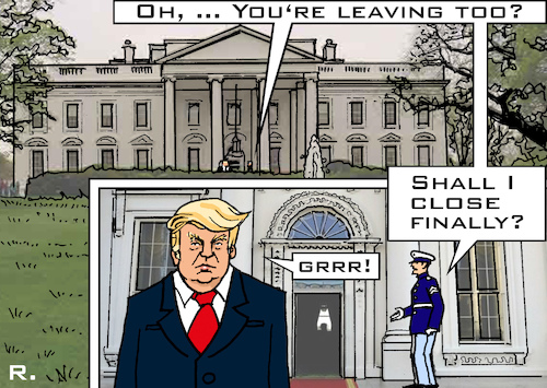 Cartoon: Closing Time at the White House (medium) by RachelGold tagged usa,president,trump,white,house,speakers,team,come,and,go
