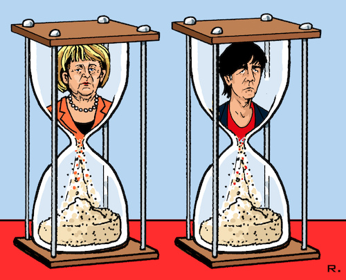 Cartoon: Die Zeit verrinnt (medium) by RachelGold tagged deutschland,regierung,cdu,csu,krise,migration,eu,fussball,wm,dfb,löw,sanduhr,zeit