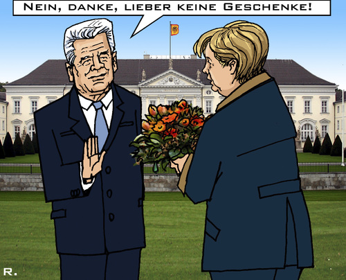Cartoon: Dt. Präsident (medium) by RachelGold tagged deutschland,präsident,gauck,merkel,blumen,geschenke