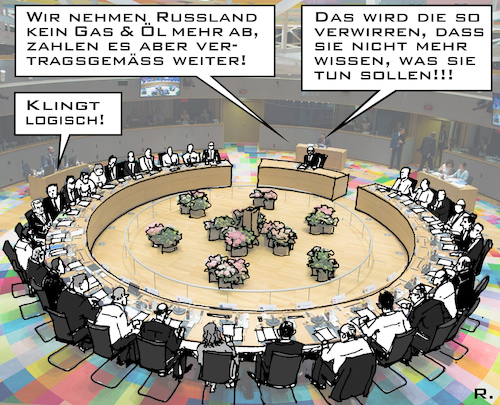 Cartoon: EU-Gipfel - Verwirrungstaktik (medium) by RachelGold tagged eu,gipfel,brüssel,russland,ukraine,sanktionen,energie,gas,öl,embargo,eu,gipfel,brüssel,russland,ukraine,sanktionen,energie,gas,öl,embargo