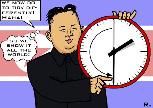 Cartoon: half an hour backwards (medium) by RachelGold tagged north,korea,intependence,clock,time,half,an,hour,kim,jong,un