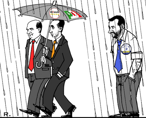 Cartoon: Im Regen stehen gelassen (medium) by RachelGold tagged italien,regierung,krise,koalition,neu,stelle,pd,lega,dimaio,salvini,zingaretti