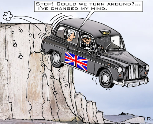 Cartoon: One-Way-Brexit? (medium) by RachelGold tagged uk,brexit,may,tories,change,course,taxi,cliff,dover