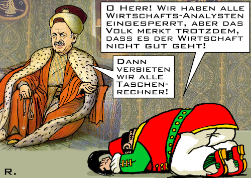 Cartoon: Türkei - Wirtschafts-Politik (medium) by RachelGold tagged türkei,erdogan,sultan,wirtschaft,inflation,statistik,analyse,türkei,erdogan,sultan,wirtschaft,inflation,statistik,analyse