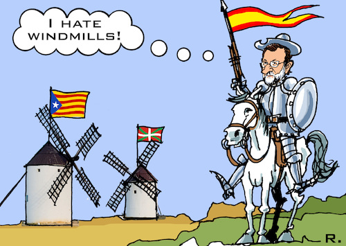 Cartoon: Windmills of Separatism (medium) by RachelGold tagged spain,catalonia,basque,separatism,separatist,windmills,donquijote