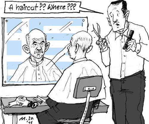 Cartoon: Haircut (medium) by MarkusSzy tagged barbers,haircut,crisis,eu,greece,papandreou