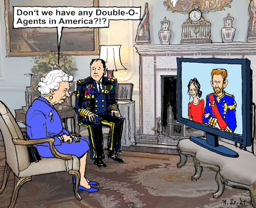 Cartoon: Harry and Meghan TV-Show (medium) by MarkusSzy tagged uk,gb,england,royals,queen,elizabeth,harry,meghan,us,tv,ophra,show,interview,scandal