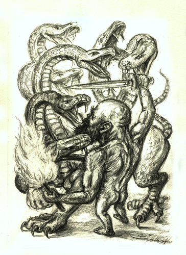 Cartoon: Herkules mit Hydra (medium) by Thomas Bühler tagged mythologie,sagen,stark,kraft,muskeln,kampf,kämpfer,kämpfen,ungeheuer,monster,sieg,griechenlan