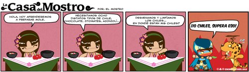 Cartoon: Clases de cocina con xochi! (medium) by mostro tagged xochiquetzal,mostro,huitzilopochtli,food,mole,mexicana,comida,chiles,jaguar,ocelotl