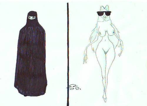 Cartoon: East  -  West (medium) by zed tagged socialisation,religion,woman,assimilation,tradition,west,east