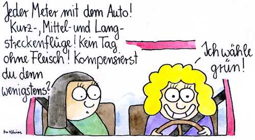 Cartoon: Kompensation (medium) by Matthias Schlechta tagged auto,verkehr,individualverkehr,fliegen,flugreise,essen,fleisch,kohlendioxid,schadstoffe,kompensieren,kompensation,abgabe,steuer,grüne,grünwähler,parteien,verhaltensweise,gewissen,auto,verkehr,individualverkehr,fliegen,flugreise,essen,fleisch,kohlendioxid,schadstoffe,kompensieren,kompensation,abgabe,steuer,grüne,grünwähler,parteien,verhaltensweise,gewissen