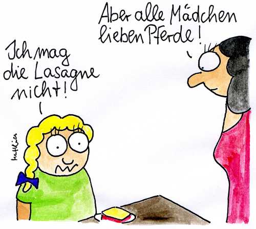 Cartoon: Lasagne (medium) by Matthias Schlechta tagged lasagne,fleisch,rindfleisch,pferdefleisch,rind,pferd,lebensmittel,lebensmittelskandal,hackfleisch,nahrungsmittel,mädchen,mahlzeit